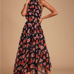 Lulu's Floral Print Chiffon Halter Maxi Dress, Backless - M